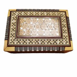 Vintage 1950s Handmade Pearl Bone Wood Inlaid Marquetry Jewelry Box